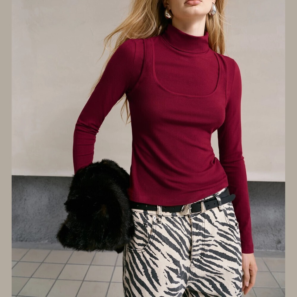 Burgundy Trompe L'oeil Faux Layered Tank Top High Neck Slim Fit Turtleneck